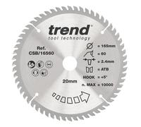 Trend Wood Circular Saw Blade, 165mm Diameter, 20mm Bore, 60 Teeth, 2.4mm Kerf, +5 Hook, TCT, Extra-Fine Finish, CSB/16560