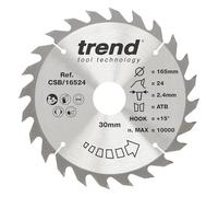 Trend Wood Circular Saw Blade, 165mm Diameter, 30mm Bore, 24 Teeth, 2.4mm Kerf, +15° Hook, TCT, Medium Finish, CSB/16524