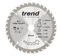 Trend Wood Circular Saw Blade, 165mm Diameter, 30mm Bore, 36 Teeth, 2.4mm Kerf, +10° Hook, TCT, Medium Finish, CSB/16536