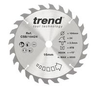 Trend Wood Circular Saw Blade, 184mm Diameter, 16mm Bore, 24 Teeth, 2.6mm Kerf, +15° Hook, TCT, Medium Finish, CSB/18424