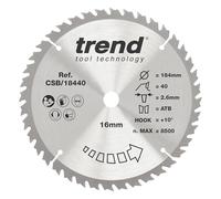 Trend Wood Circular Saw Blade, 184mm Diameter, 16mm Bore, 40 Teeth, 2.6mm Kerf, +10° Hook, TCT, Fine Finish, CSB/18440