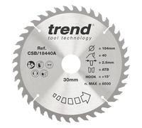 Trend Wood Circular Saw Blade, 184mm Diameter, 30mm Bore, 40 Teeth, 2.6mm Kerf, +15° Hook, TCT, Fine Finish, CSB/18440A