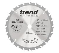 Trend Wood Circular Saw Blade, 190mm Diameter, 20mm Bore, 24 Teeth, 2.4mm Kerf, +15° Hook, TCT, Medium Finish, CSB/19024B