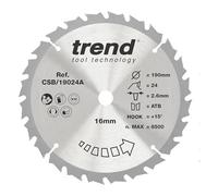 Trend Wood Circular Saw Blade, 190mm Diameter, 16mm Bore, 24 Teeth, 2.6mm Kerf, +15° Hook, TCT, Medium Finish, CSB/19024A