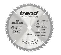 Trend Wood Circular Saw Blade, 190mm Diameter, 16mm Bore, 40 Teeth, 2.6mm Kerf, +15 Hook, TCT, Fine Finish, CSB/19040A