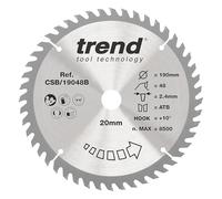 Trend Wood Circular Saw Blade, 190mm Diameter, 20mm Bore, 48 Teeth, 2.4mm Kerf, +10° Hook, TCT, Fine Finish, CSB/19048B