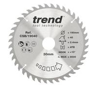 Trend Wood Circular Saw Blade, 190mm Diameter, 30mm Bore, 40 Teeth, 2.4mm Kerf, +10° Hook, TCT, Fine Finish, CSB/19040
