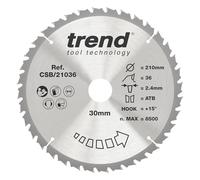 Trend Wood Circular Saw Blade, 210mm Diameter, 30mm Bore, 36 Teeth, 2.4mm Kerf, +15° Hook, TCT, Medium Finish, CSB/21036
