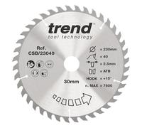 Trend Wood Circular Saw Blade, 230mm Diameter, 30mm Bore, 40 Teeth, 2.5mm Kerf, +15° Hook, TCT, Medium Finish, CSB/23040