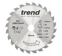 Trend Wood Circular Saw Blade, 235mm Diameter, 30mm Bore, 24 Teeth, 2.8mm Kerf, +15° Hook, TCT, Coarse Finish, CSB/23524
