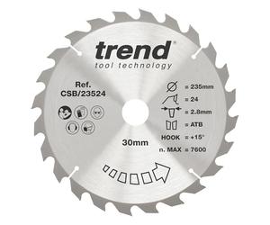 Trend Wood Circular Saw Blade, 235mm Diameter, 30mm Bore, 24 Teeth, 2.8mm Kerf, +15° Hook, TCT, Coarse Finish, CSB/23524