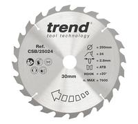 Trend Wood Circular Saw Blade, 250mm Diameter, 30mm Bore, 24 Teeth, 2.8mm Kerf, +20° Hook, TCT, Coarse Finish, CSB/25024