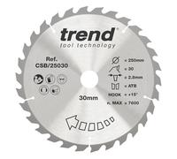 Trend Wood Circular Saw Blade, 250mm Diameter, 30mm Bore, 30 Teeth, 2.8mm Kerf, +15° Hook, TCT, Coarse Finish, CSB/25030