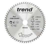 Trend Wood Circular Saw Blade, 250mm Diameter, 30mm Bore, 60 Teeth, 2.8mm Kerf, +10° Hook, TCT, Fine Finish, CSB/25060