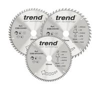 Trend Wood Circular Saw Blades, 250mm Diameter, 30mm Bore, 48/60/84 Teeth, 3mm Kerf, +15°/-6° Hook, TCT, Medium/Fine Finish, 3 Pack, CSB/250/3PK
