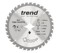 Trend Wood Cordless ATBR Circular Saw Blade, 190mm Diameter, Diamond Bore, 36 Teeth, 1.6mm Kerf, +25° Hook, TCT, Fine Finish, CSB/19036TW