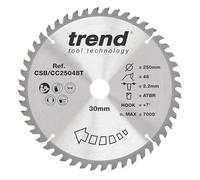 Trend Wood Cordless ATBR Mitre Saw Blade 250mm 48T 30mm Bore TCT | Perfect For Clean, Accurate Cuts In Wood, With 48T TCT Teeth, 2.2 mm Kerf And +7° Hook For Medium Finish, CSB/CC25048T