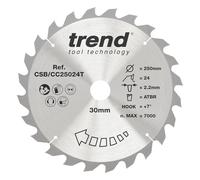 Trend Wood Cordless ATBR Mitre Saw Blade, 250mm Diameter, 30mm Bore, 24 Teeth, 2.2mm Kerf, +7° Hook, TCT, Coarse Finish, CSB/CC25024T