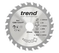 Trend Wood Cordless Circular Saw Blade, 120mm Diameter, 20mm Bore, 24 Teeth, 1.8mm Kerf, +15° Hook, TCT, Medium Finish, CSB/12024T