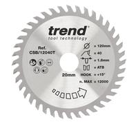 Trend Wood Cordless Circular Saw Blade, 120mm Diameter, 20mm Bore, 40 Teeth, 1.8mm Kerf, +15 Hook, TCT, Fine Finish, CSB/12040T
