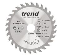 Trend Wood Cordless Circular Saw Blade, 125mm Diameter, 20mm Bore, 30 Teeth, 1.5mm Kerf, +15° Hook, TCT, Medium Finish, CSB/12530T