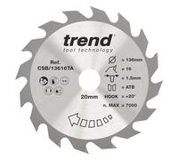 Trend Wood Cordless Circular Saw Blade, 136mm Diameter, 20mm Bore, 16 Teeth, 1.5mm Kerf, +20° Hook, TCT, Coarse Finish, CSB/13616TA