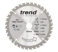 Trend Wood Cordless Circular Saw Blade, 140mm Diameter, 20mm Bore, 36 Teeth, 1.8mm Kerf, +10° Hook, TCT, Fine Finish, CSB/14036T
