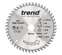 Trend Wood Cordless Circular Saw Blade, 140mm Diameter, 20mm Bore, 48 Teeth, 1.8mm Kerf, +5 Hook, TCT, Fine Finish, CSB/14048T