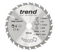 Trend Wood Cordless Circular Saw Blade, 165mm Diameter, 20mm Bore, 24 Teeth, 1.5mm Kerf, +20° Hook, TCT, Medium Finish, CSB/16524T