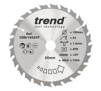 Trend Wood Cordless Circular Saw Blade, 165mm Diameter, 20mm Bore, 24 Teeth, 1.5mm Kerf, +20 Hook, TCT, Medium Finish, CSB/16524T