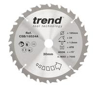 Trend Wood Cordless Circular Saw Blade, 185mm Diameter, 30mm Bore, 24 Teeth, 1.8mm Kerf, +15° Hook, TCT, Medium Finish, CSB/18524A