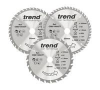 Trend Wood Cordless Circular Saw Blades, 165mm Diameter, 20mm Bore, 24/40/52 Teeth, 1.5mm Kerf, +15 Hook, TCT, Medium/Fine/Extra-Fine Finish, 3 Pack