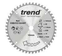 Trend Wood Cordless Mitre Saw Blade, 184mm Diameter, 16mm Bore, 48 Teeth, 1.6mm Kerf, -5 Hook, TCT, Fine Finish, CSB/CC18448T