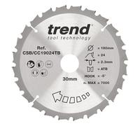 Trend Wood Cordless Mitre Saw Blade, 190mm Diameter, 20mm Bore, 24 Teeth, 1.9mm Kerf, -5° Hook, TCT, Medium Finish, CSB/CC19024T