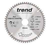 Trend Wood Mitre Saw Blade, 190mm, 30mm Bore, 60T, TCT, Extra-Fine Finish | Designed For Clean, Fine Crosscuts In Wood With 60 Teeth, 2.3mm Kerf And -5° Hook, CSB/CC19060TB