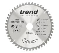 Trend Wood Mitre Saw Blade, 216mm Diameter, 30mm Bore, 48 Teeth, 2.6mm Kerf, -5° Hook, TCT, Fine Finish, CSB/CC21648