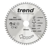 Trend Wood Mitre Saw Blade, 216mm Diameter, 30mm Bore, 60 Teeth, 2.6mm Kerf, -5 Hook, TCT, Extra-Fine Finish, CSB/CC21660