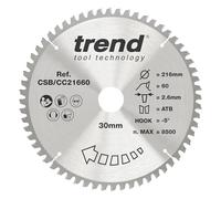 Trend Wood Mitre Saw Blade, 216mm Diameter, 30mm Bore, 60 Teeth, 2.6mm Kerf, -5° Hook, TCT, Extra-Fine Finish, CSB/CC21660