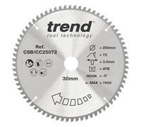 Trend Wood Mitre Saw Blade, 250mm Diameter, 30mm Bore, 72 Teeth, 3mm Kerf, -5° Hook, TCT, Extra-Fine Finish, CSB/CC25072