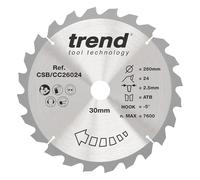 Trend CRAFTPRO Mitre Saw Blade - 260mm, 30mm bore, 24T, 2.5mm kerf, -5° hook, TCT, coarse finish
