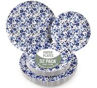 Trendables Heavy Duty Paper Plates Set for 16 Guests - 16 Each of 8-inch and 10-inch Plates for Party - Fancy 32 Piece Dinnerware Set for All Occasions | Floral Design, Bluebelle