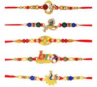 TrendBell Set of 5 Rakhi for Brother Om Rakhi for Boys Brother Rakhi for Little Brother | Raksha bandhan Peacock Rakhi Bracelet for Brother Krishna Bansuri Rakhi Set with Greeting Card & Roli Chawal