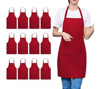 Trendbox Plain Bib Apron, 12 PCS Washable Wine Red Cooking Aprons for Women with 2 Pockets, Durable Comfortable Unisex Apron for Waist size 30" to 42" for Chef Waitress Artist School