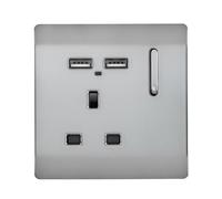 Trendi 1 Gang Single Switched Screwless Artistic Modern Glossy 13 Amp 2x Type A 2.1A USB Charging Port 13A Wall Outlet Plug Socket in Brushed Steel- ART-SKT13USBBS