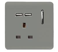 Trendi 1 Gang Single Switched Screwless Artistic Modern Glossy 13 Amp 2x Type A 2.1A USB Charging Port 13A Wall Outlet Plug Socket in Light Grey - ART-SKT13USBLG