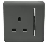 Trendi 1 Gang Raised Artistic Modern Glossy Screwless 13 Amp Single Pole with Chrome Switched UK Standard Electrical Double Wall Plug Socket in Charcoal Grey - ART-SKT13CH