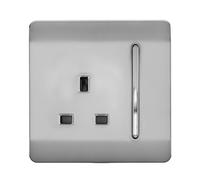 Trendi 1 Gang Raised Artistic Modern Glossy Screwless 13 Amp Single Pole with Chrome Switched UK Standard Electrical Double Wall Plug Socket in Brushed Steel - ART-SKT13BS