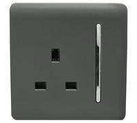 Trendi 1 Gang Raised Artistic Modern Glossy Screwless 13 Amp Single Pole with Chrome Switched UK Standard Electrical Double Wall Plug Socket in Charcoal Grey - ART-SKT13CH