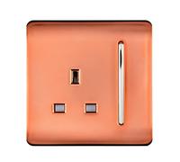 Trendi 1 Gang Raised Artistic Modern Glossy Screwless 13 Amp Single Pole with Chrome Switched UK Standard Electrical Double Wall Plug Socket in Copper - ART-SKT13CPR