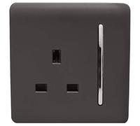 Trendi 1 Gang Raised Artistic Modern Glossy Screwless 13 Amp Single Pole with Chrome Switched UK Standard Electrical Double Wall Plug Socket in Dark Mocha Brown - ART-SKT13DB